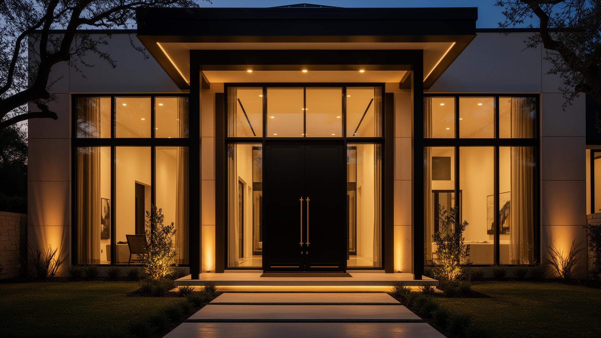 Modern Dallas home with floor-to-ceiling black-framed windows at dusk